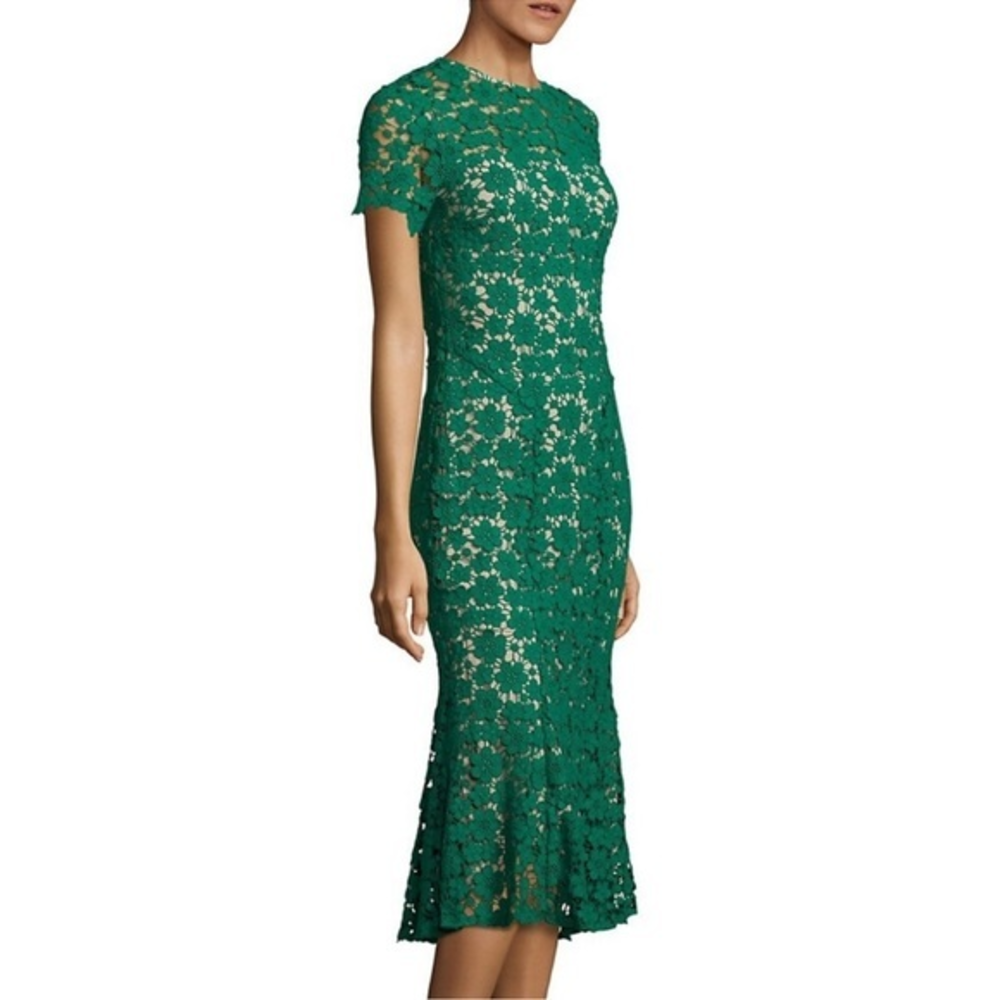 Shoshanna x Anthropology green floral‎ crochet detail short sleeve lined dress